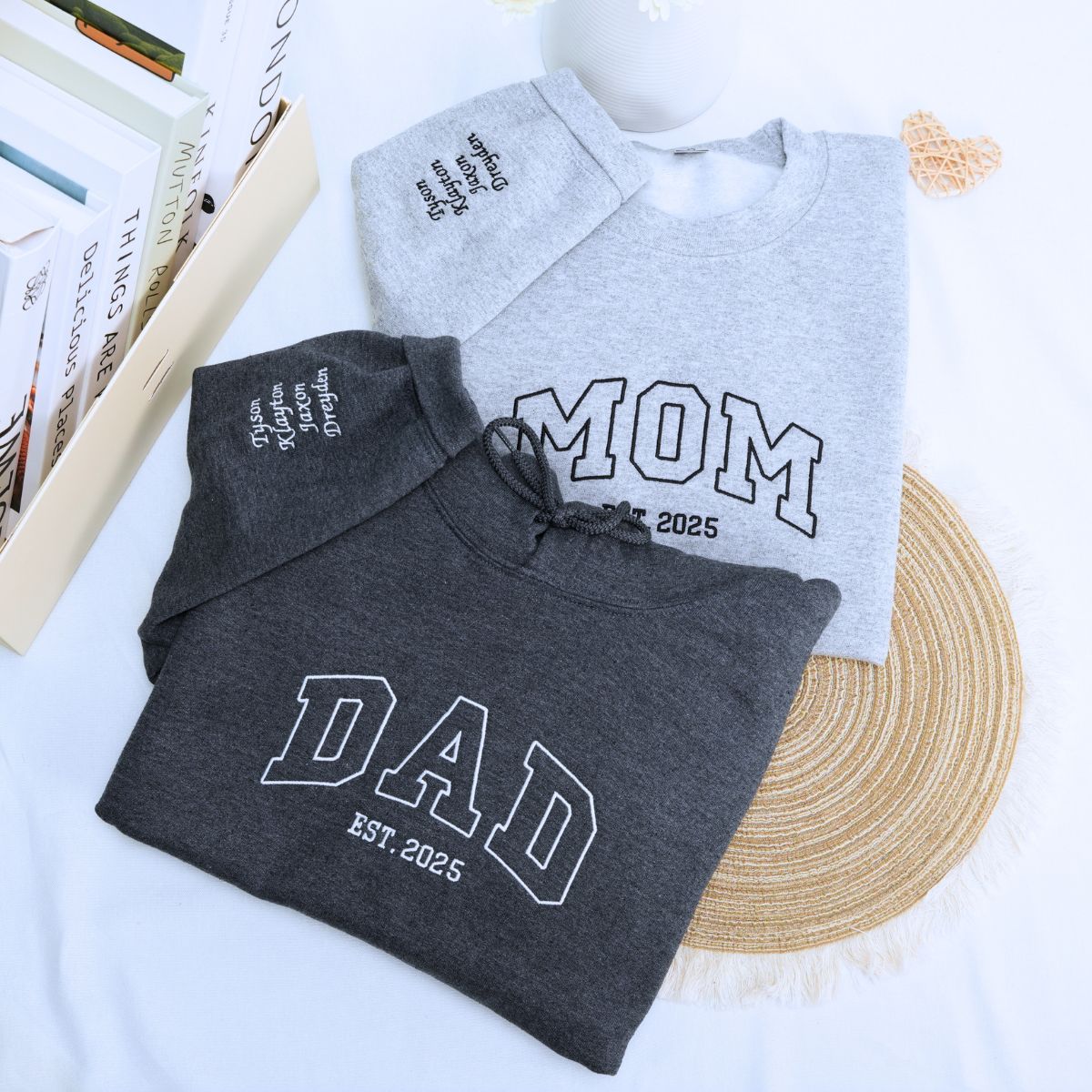 Mom and Dad Sport Gray Dark Heather Sweatshirt Hoodie with 'Est 2025' Embroidery and Kids' Names on Sleeve, meaningful gift for mom and dad