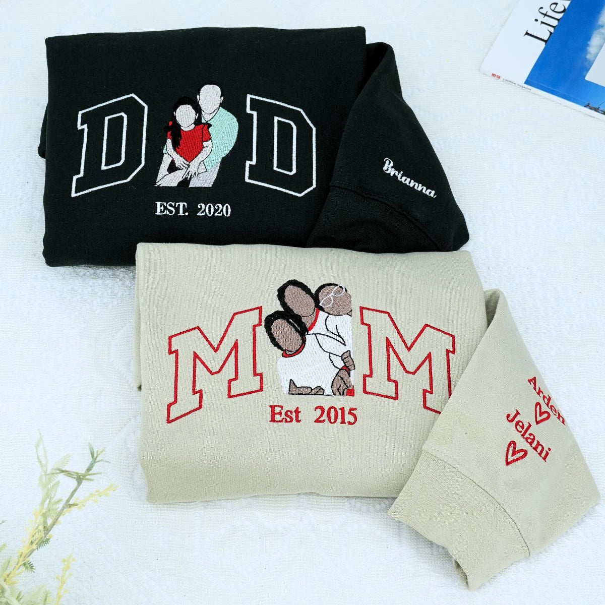 Sand and Black Mom Dad Sweatshirt with kids name on sleeve, a meaningful gift for parents