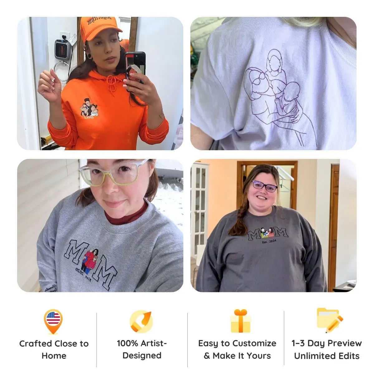 Custom Mom Kids Photo Hoodie Sweatshirt, Embroidered Gift for Wife from Husband