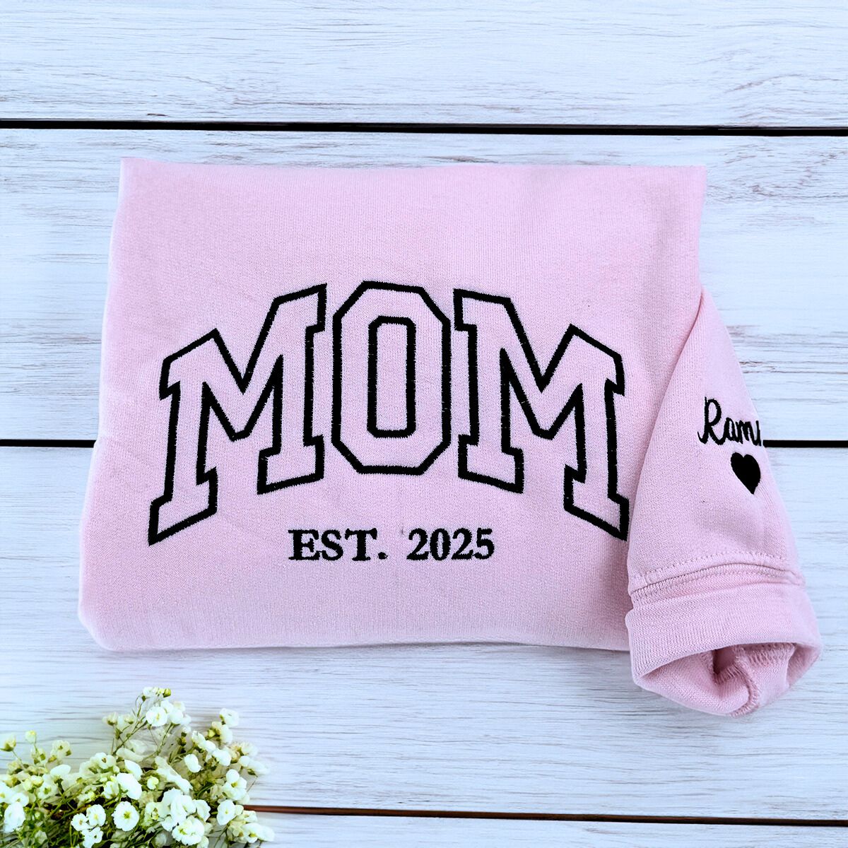 Mom Light Pink Sweatshirt with 'Est 2025' Embroidery and Kid's Name on Sleeve, a meaningful gift and cozy gift for mom and dad