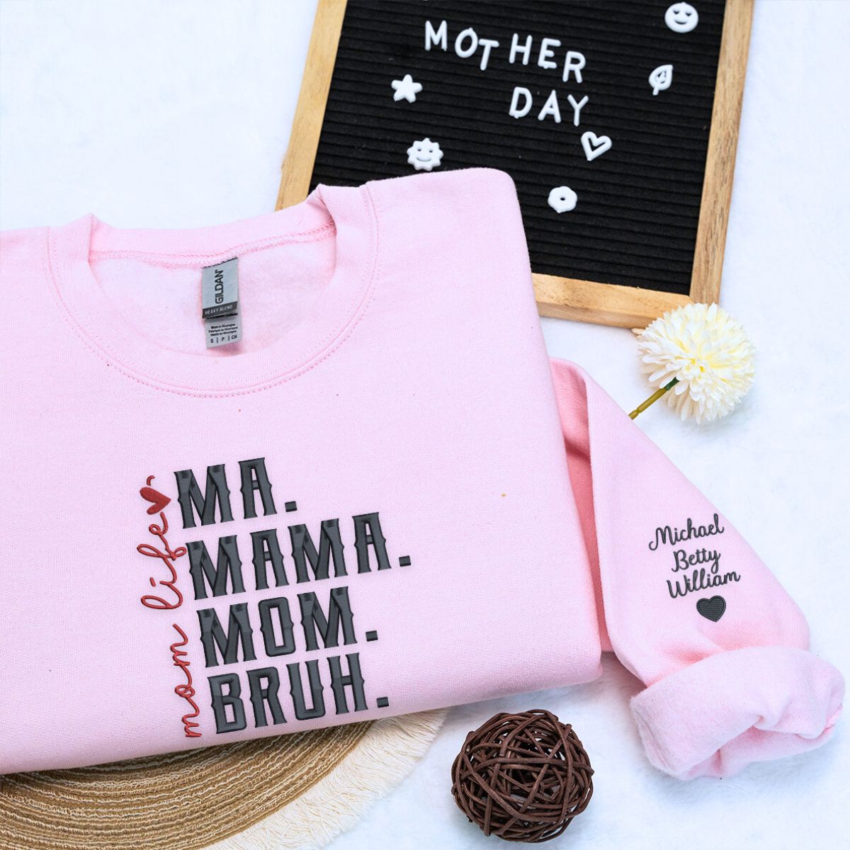 Ma Mama Mom Bruh Sweatshirt or Hoodie with Embroidered Names on Sleeve