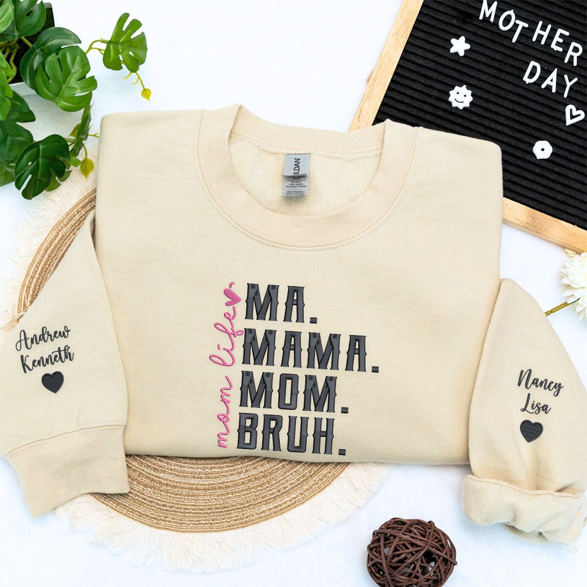 Ma Mama Mom Bruh Sweatshirt or Hoodie with Embroidered Names on Sleeve