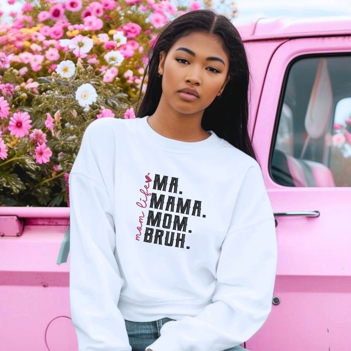 Ma Mama Mom Bruh Sweatshirt or Hoodie with Embroidered Names on Sleeve