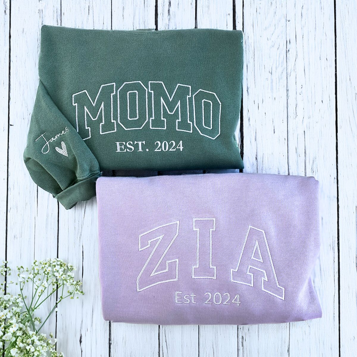 Blue Spruce Mpmo Sweatshirt with 'Est. 20124' Embroidery, a meaningful and cozy gift for Momo