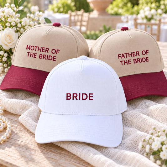 Embroidered Mother, Father, and Bride matching baseball hats for wedding events