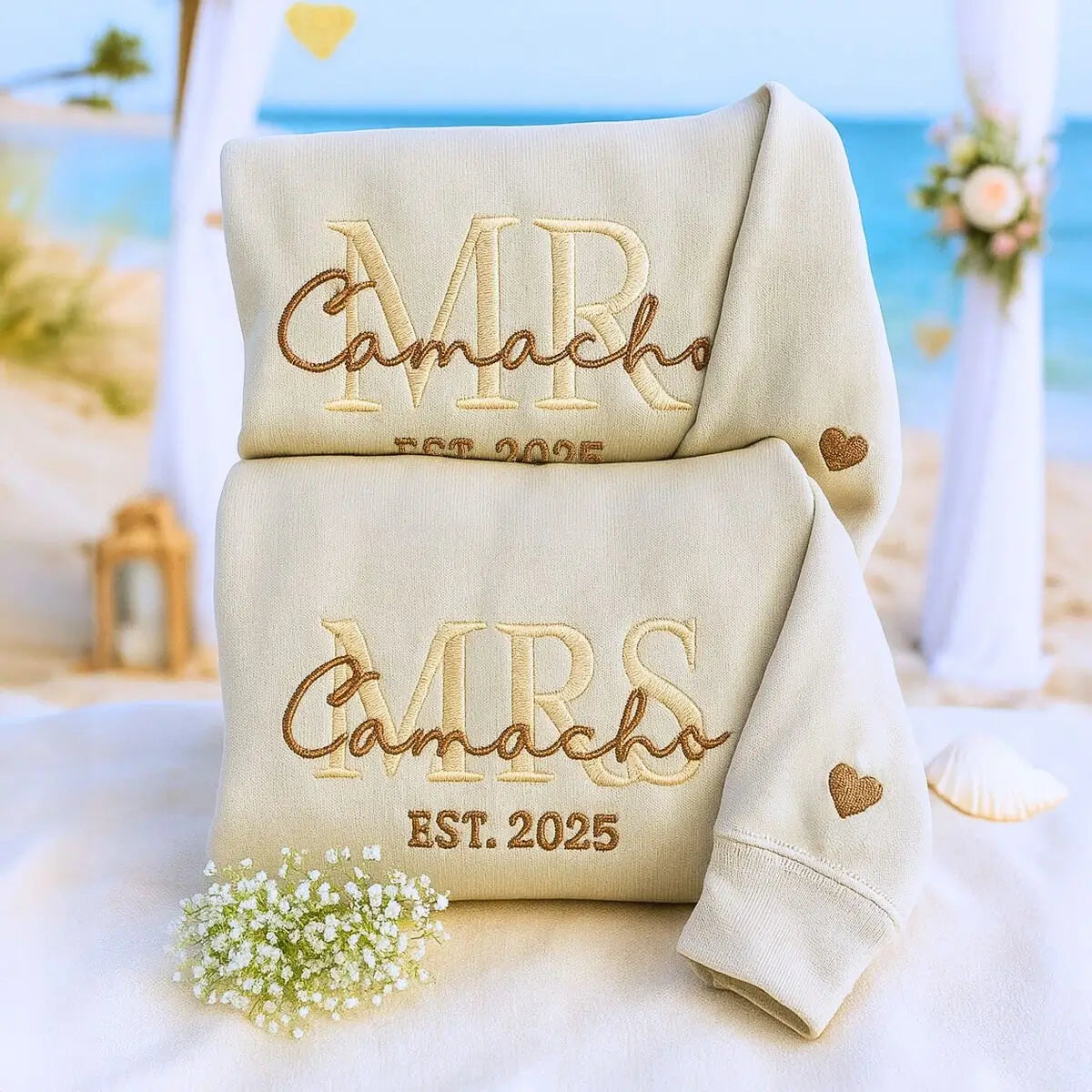 Mr and Mrs with EST. 2025 embroidery sand sweatshirt, a meaningful and cozy gift for wedding
