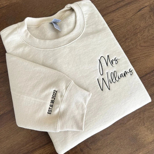 Personalized Future Mrs Sweatshirt Embroidered with Anniversary Date Text Name Initial Heart on Sleeve - Embroly