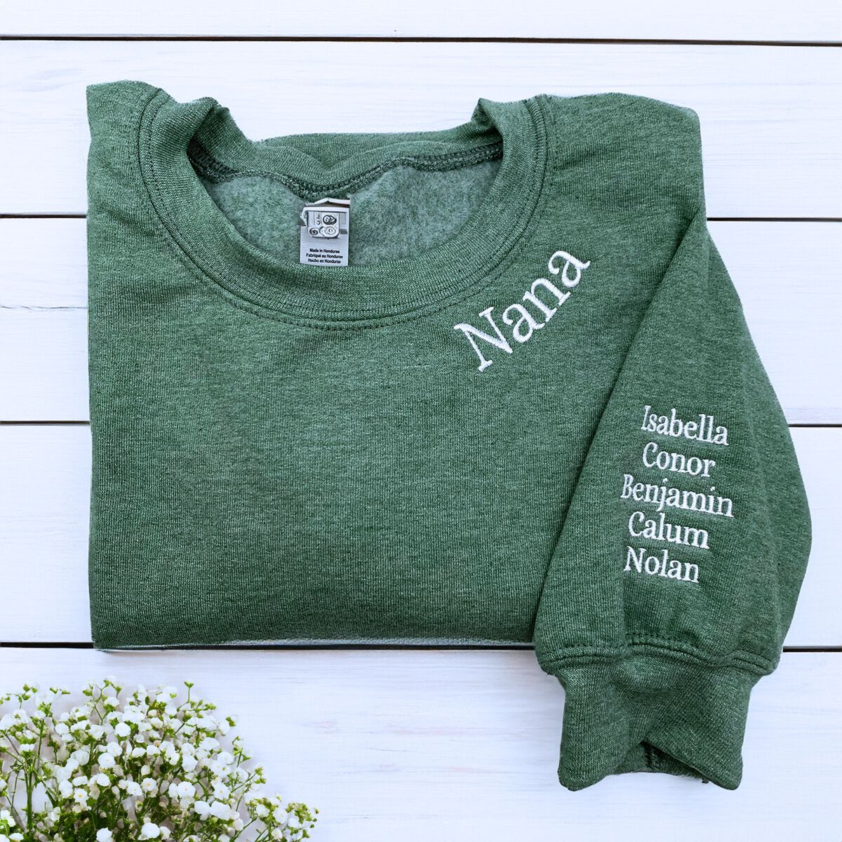 Heather Darl Green Nana Sweatshirt with Grandkids' Names on Sleeve, A Meaningful and cozy Gift for Nana