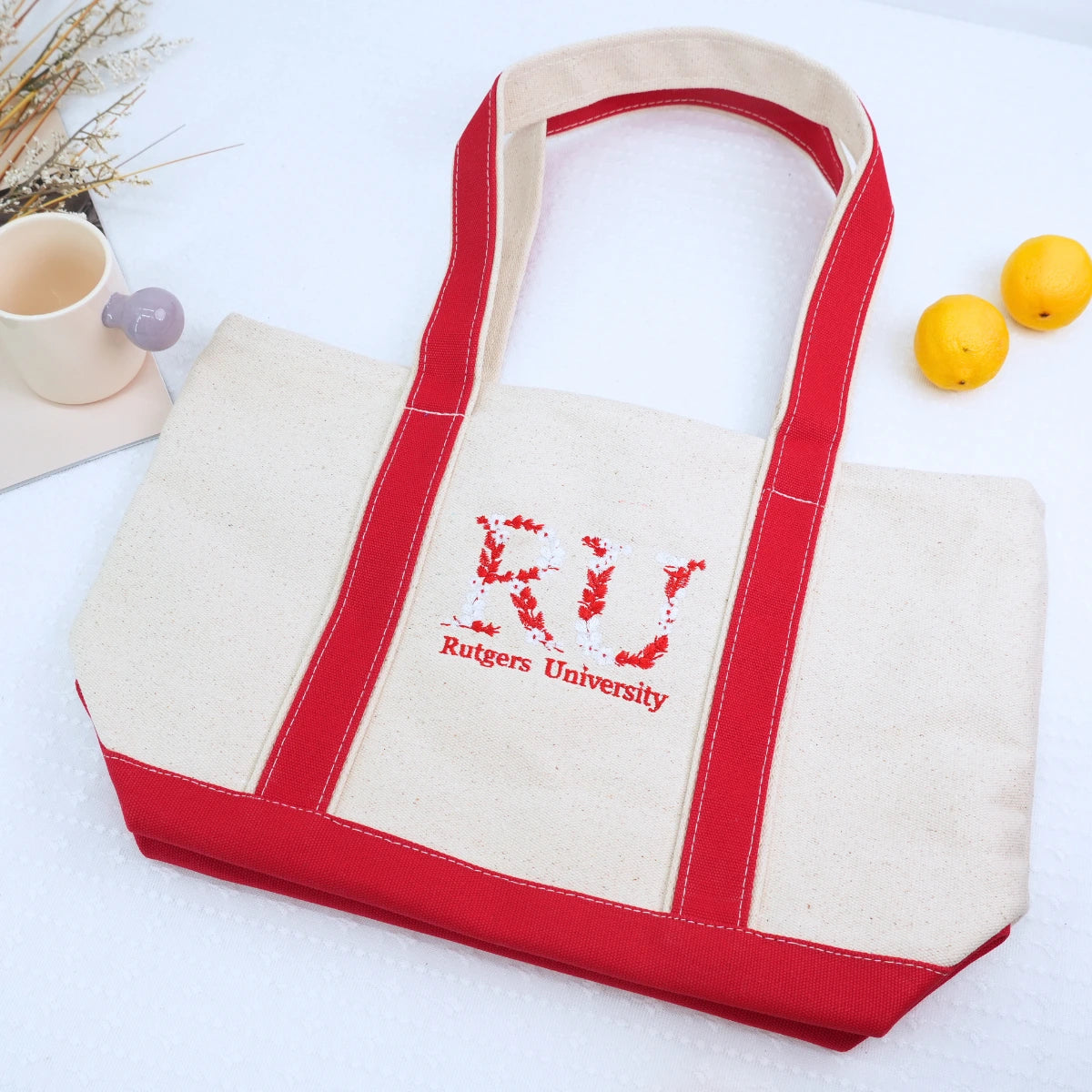 Personalized University Tote Bag with Custom Embroidered Floral Text- Unique College Gift Idea