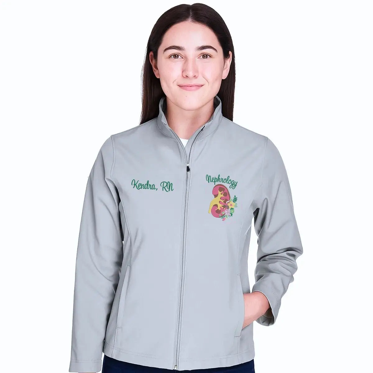 Custom embroidered jacket for female nephrology nurses with personalized RN name and title on front