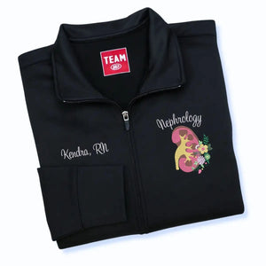 Custom embroidered jacket for female nephrology nurses with personalized RN name and title on front