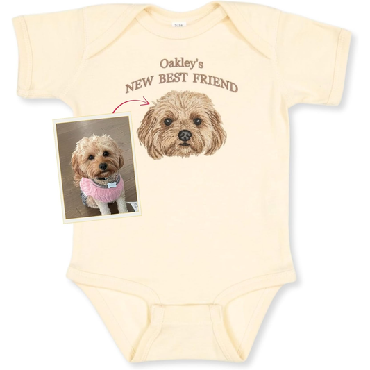 Custom Embroidered Baby Bodysuit Onesie with Pet Photo, Name - New Best Friend