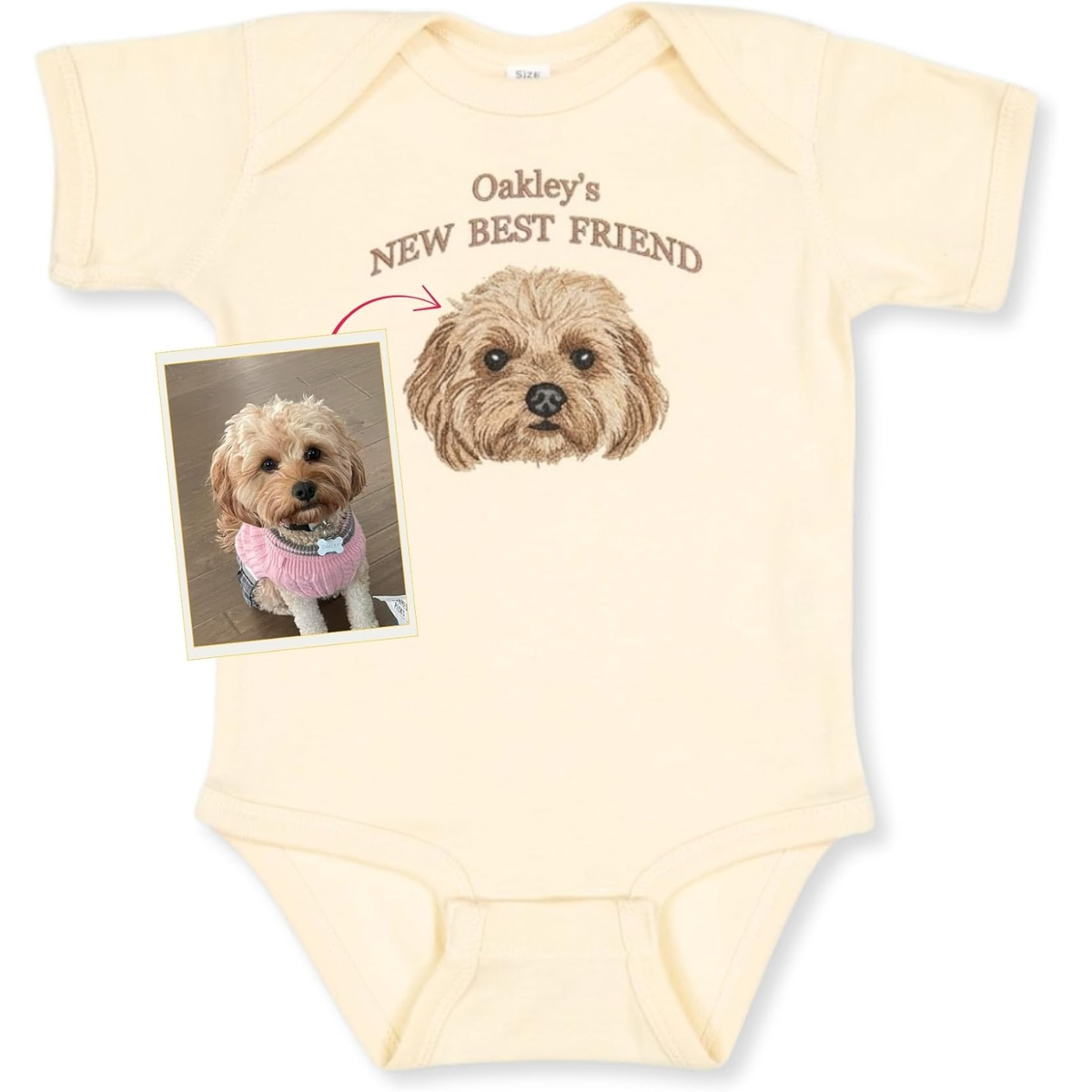 Custom Embroidered Baby Bodysuit Onesie with Pet Photo, Name - New Best Friend
