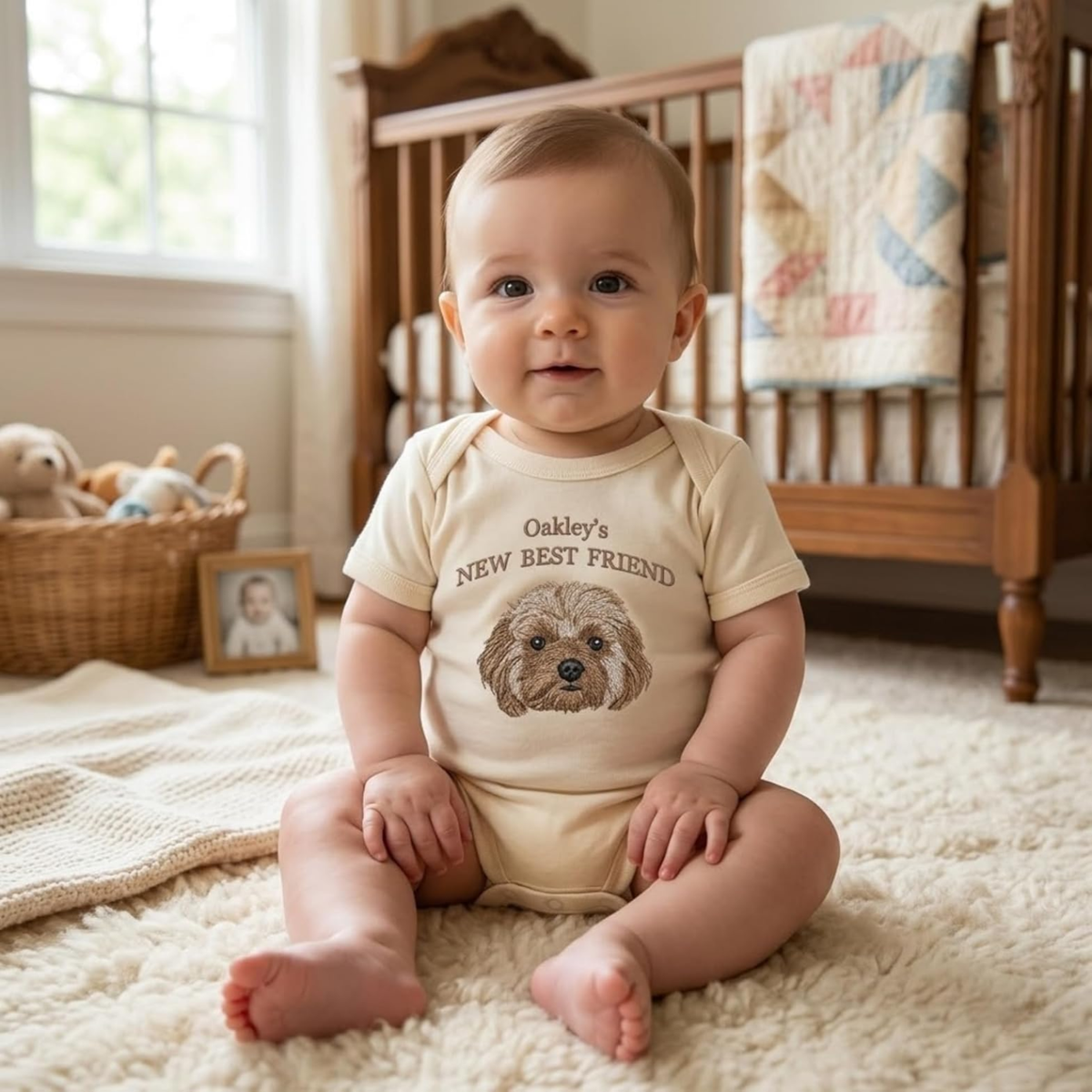 Custom Embroidered Baby Bodysuit Onesie with Pet Photo, Name - New Best Friend