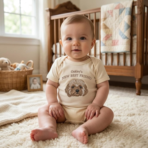 Custom Embroidered Baby Bodysuit Onesie with Pet Photo, Name - New Best Friend