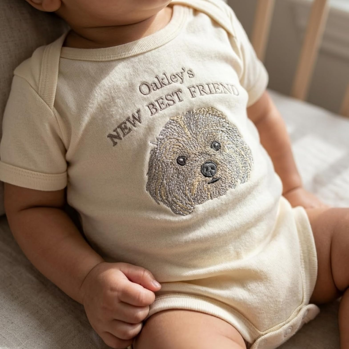 Custom Embroidered Baby Bodysuit Onesie with Pet Photo, Name - New Best Friend