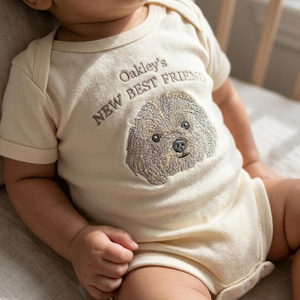 Custom Embroidered Baby Bodysuit Onesie with Pet Photo, Name - New Best Friend