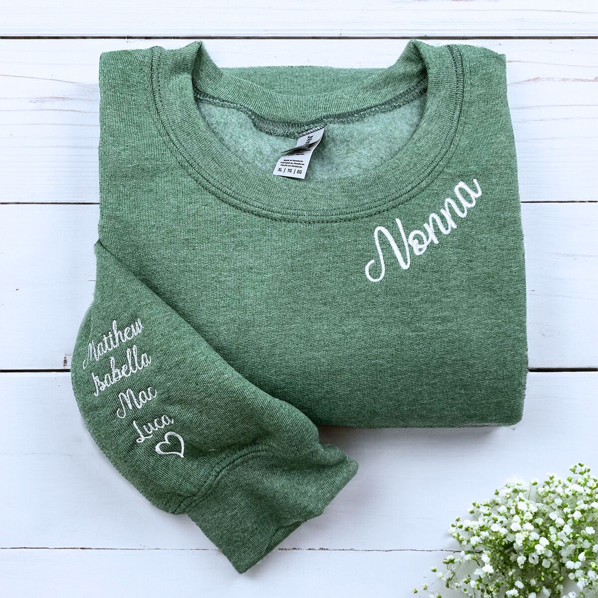 Green Nonna Sweatshirt with Grandkids' names on sleeve, a meaningful and cozy gift for Nonna