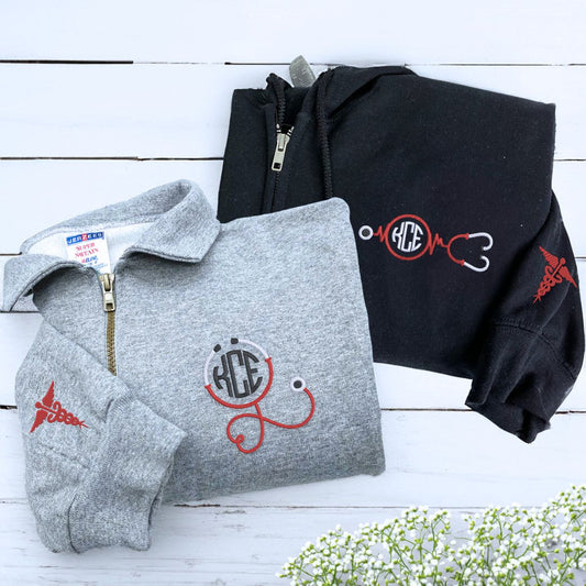 Monogrammed Circle Stethoscope Quarter Zip Sweatshirt or Hoodie, Embroidered Gift for Nurse - Embroly