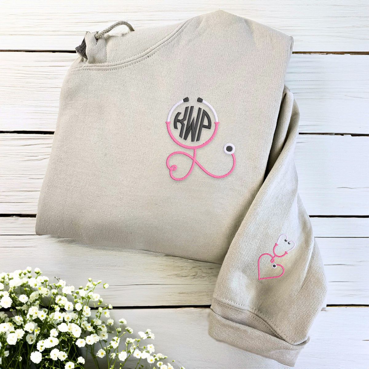Monogrammed Circle Stethoscope Quarter Zip Sweatshirt or Hoodie, Embroidered Gift for Nurse - Embroly