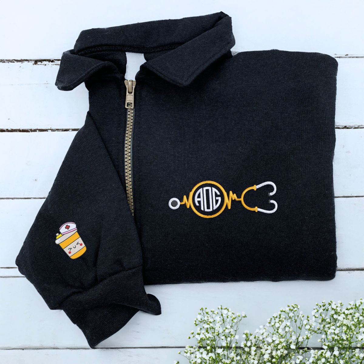 Monogrammed Circle Stethoscope Quarter Zip Sweatshirt or Hoodie, Embroidered Gift for Nurse - Embroly