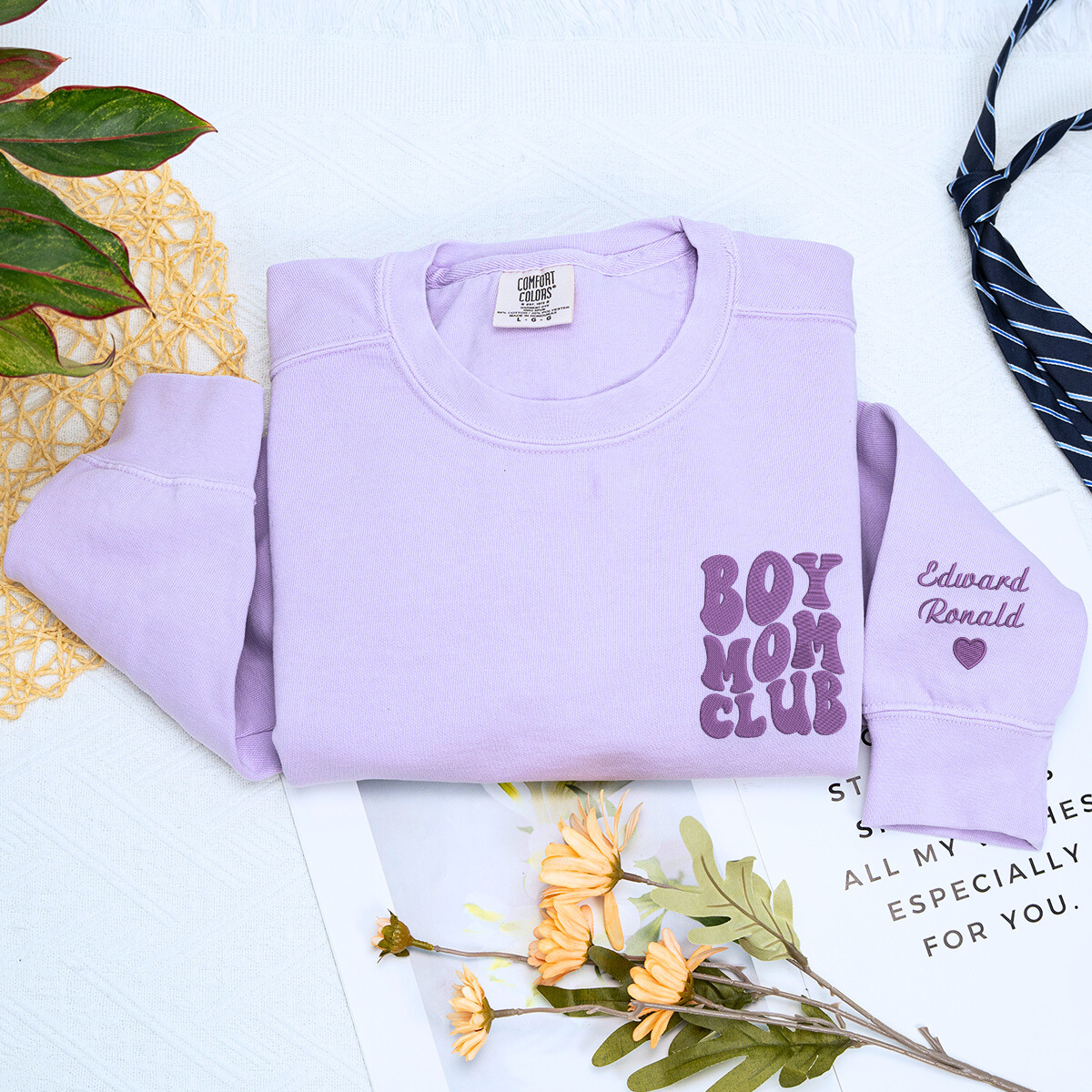 Boy Mom Club Sweatshirt or T-Shirt with Embroidered Kids Names on Sleeve
