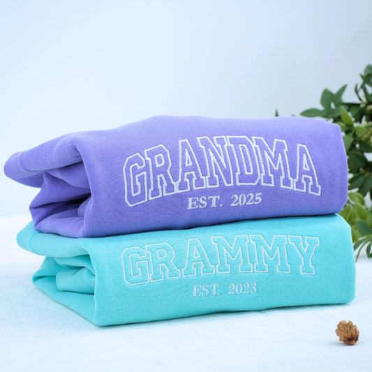 Orchid Grandma Sweatshirt with 'Est. 2025' embroidery, a meaningful and cozy gift for grandma