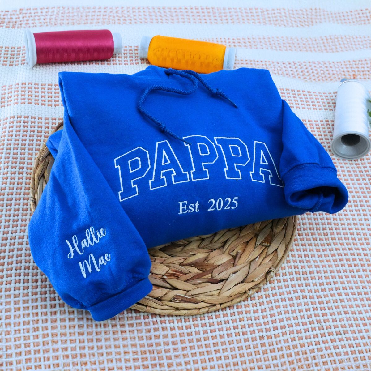 Pappa Royal Blue with 'Est 2025' Embroidery and Kids' Names on Sleeve, a meaningful gift and cozy gift for mom and dad