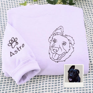 Close-up of personalized embroidery featuring a dog's face and name on a high-quality sweatshirt.