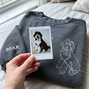 Close-up of personalized embroidery featuring a dog's face and name on a high-quality sweatshirt.