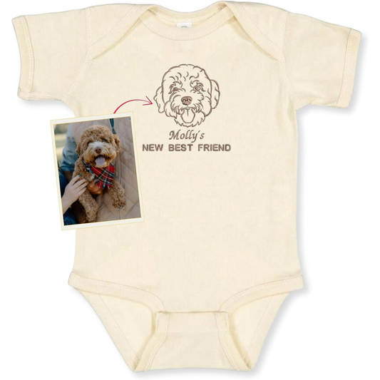 Custom Pet Portrait Line Art Embroidered Baby Bodysuit Onesie from Photo, Dog Cat Name's