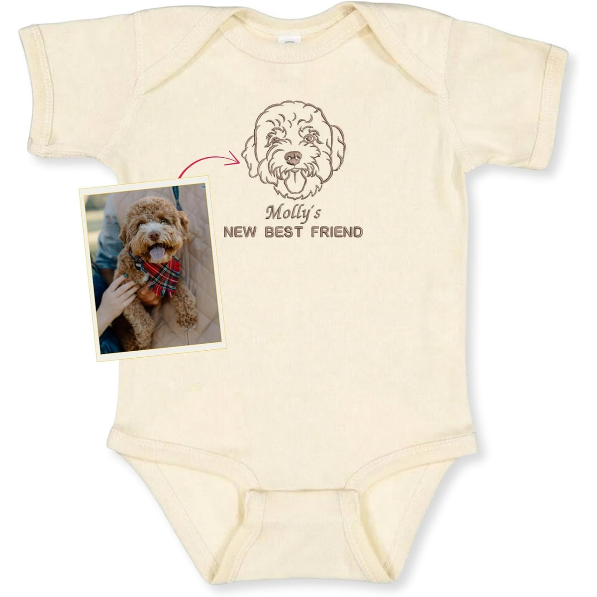 Custom Pet Portrait Line Art Embroidered Baby Bodysuit Onesie from Photo, Dog Cat Name's
