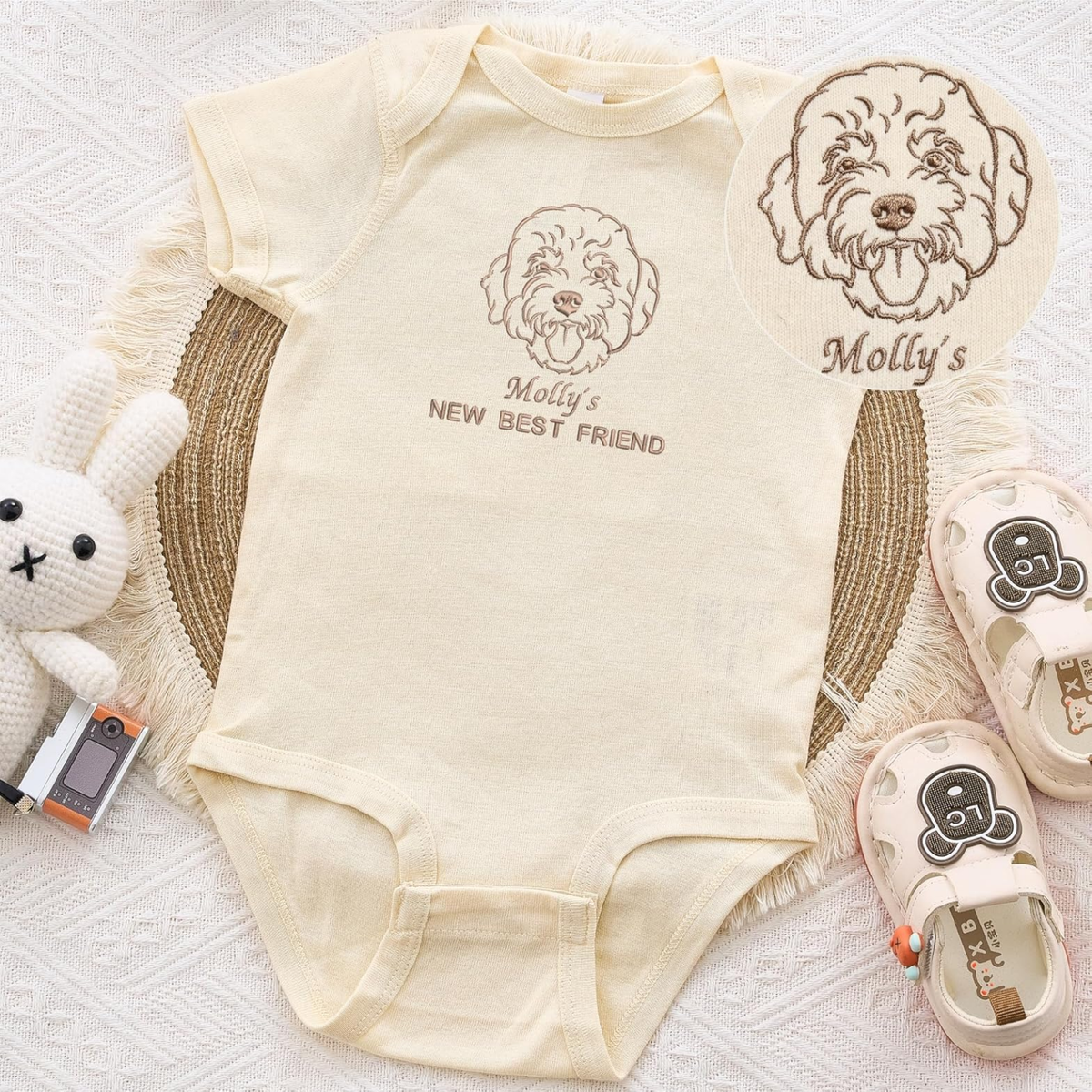 Custom Pet Portrait Line Art Embroidered Baby Bodysuit Onesie from Photo, Dog Cat Name's