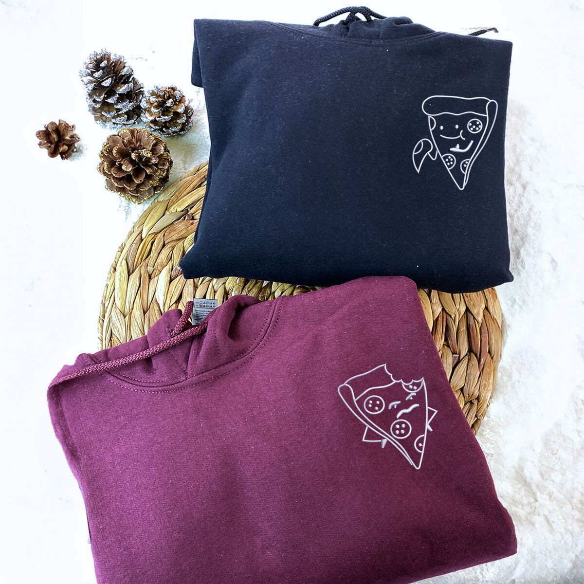 Custom Pizza Couple Hoodies or Sweatshirts, Embroidered Matching Couples Valentine's Gifts