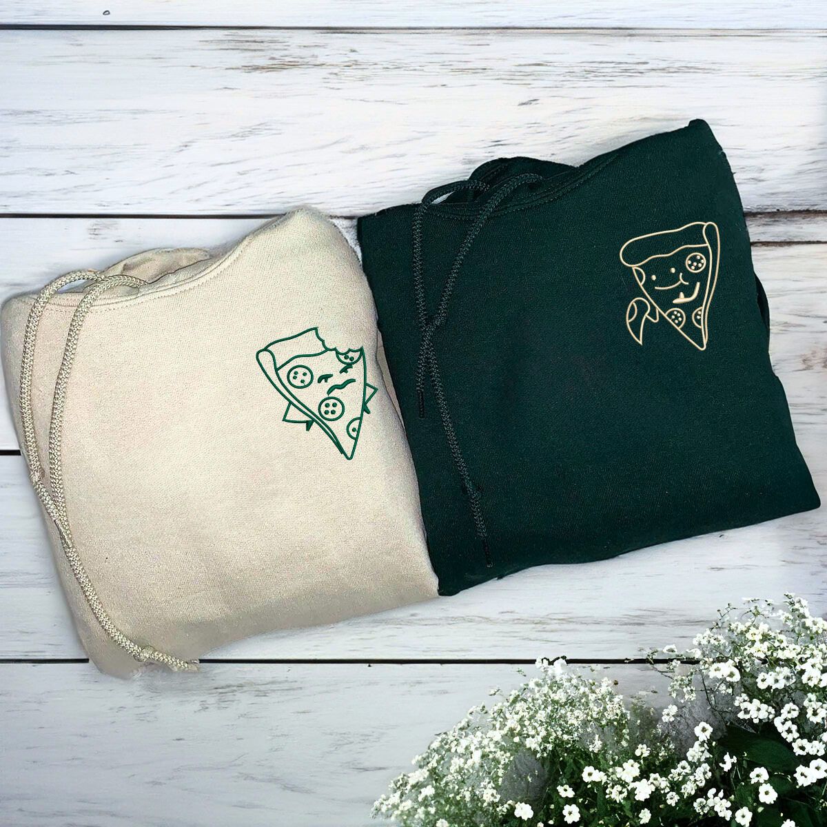 Custom Pizza Couple Hoodies or Sweatshirts, Embroidered Matching Couples Valentine's Gifts