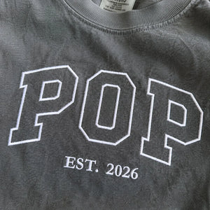 Custom embroidered Pop Est t-shirt with high-density stitching, personalized gift for dad from wife