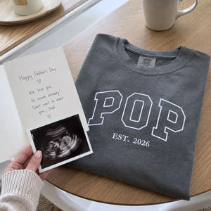 Custom embroidered Pop Est t-shirt with high-density stitching, personalized gift for dad from wife
