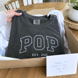 Custom embroidered Pop Est t-shirt with high-density stitching, personalized gift for dad from wife