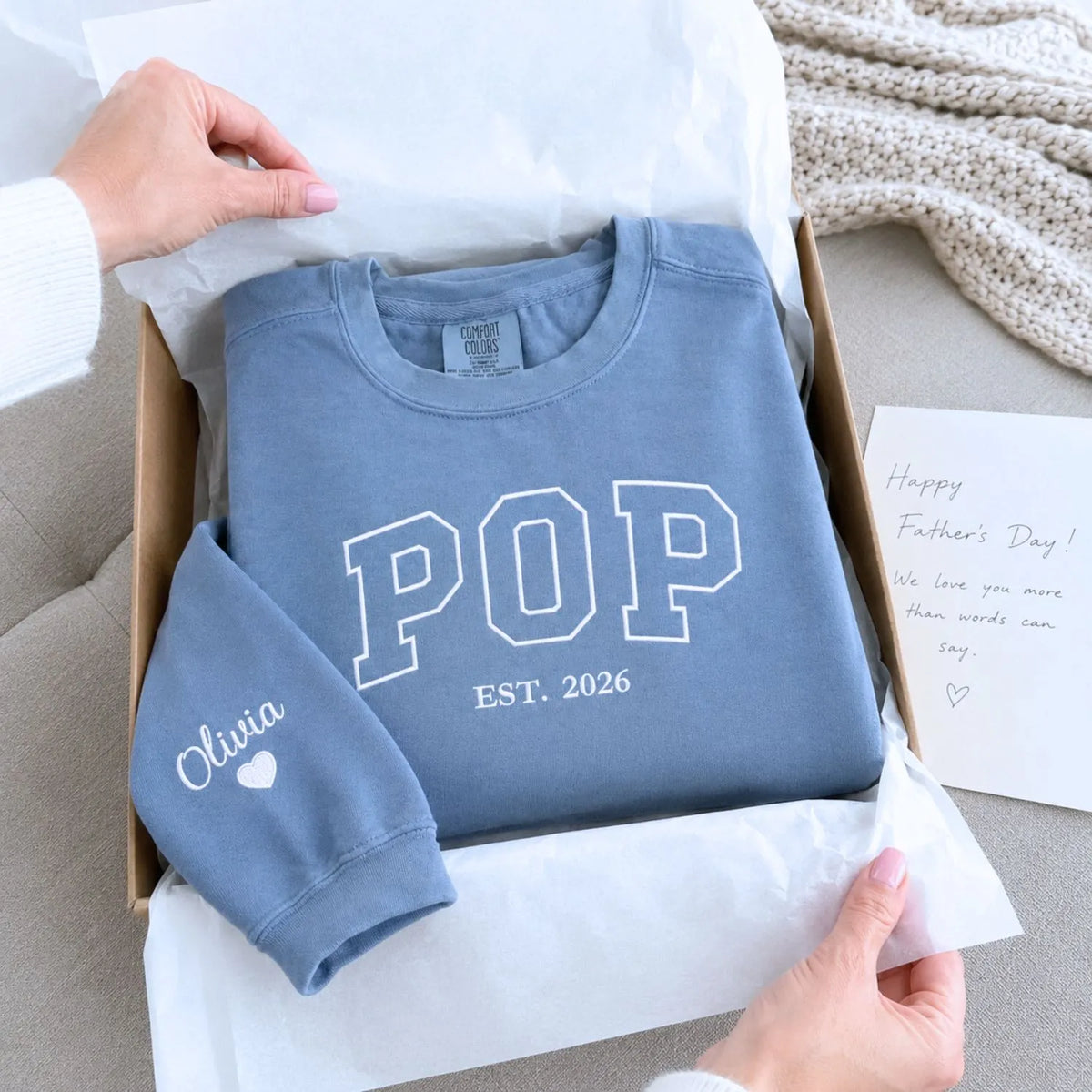 Custom embroidered Pop Est t-shirt with high-density stitching, personalized gift for dad from wife