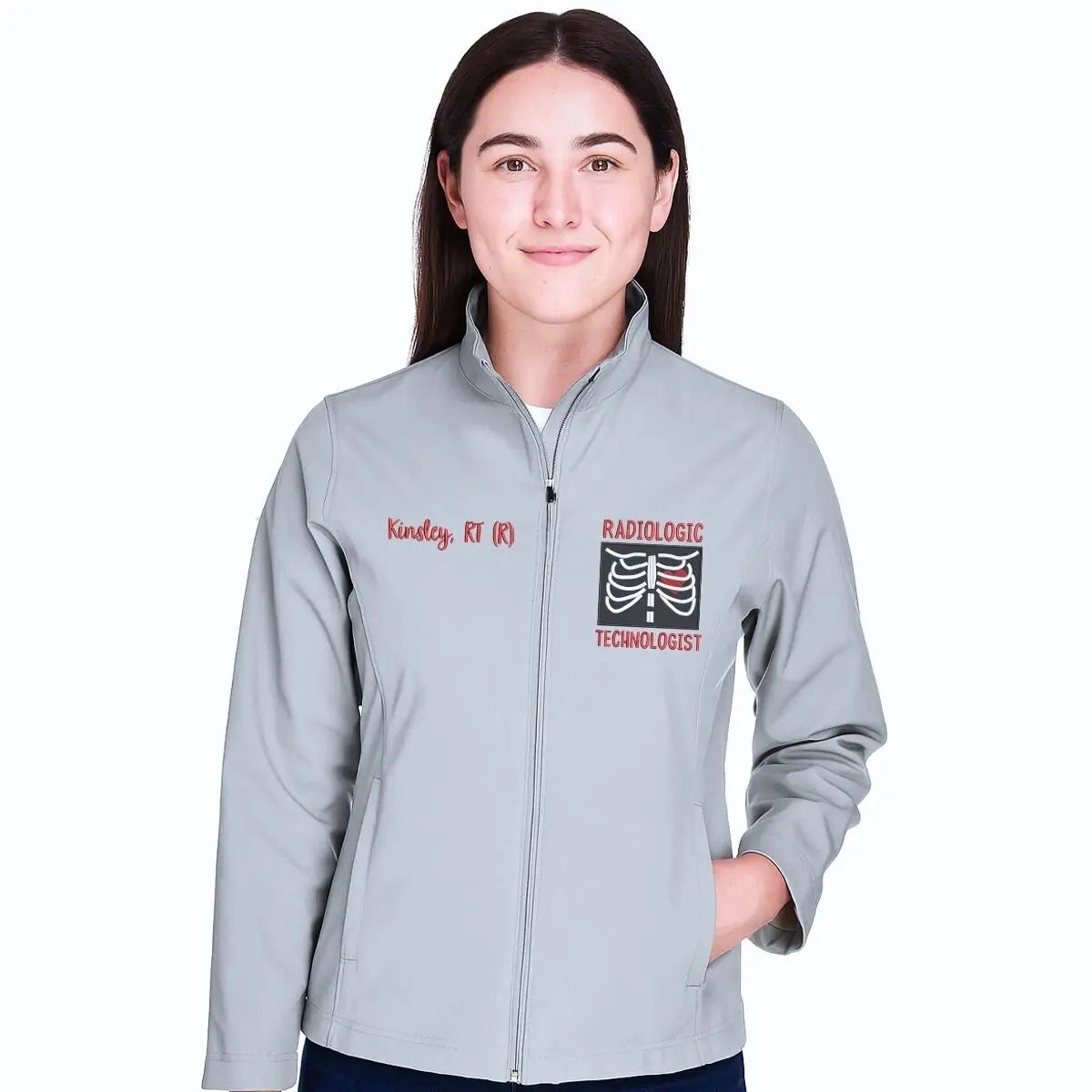 Custom embroidered radiology jacket for female X-ray techs with personalized name stitched on front