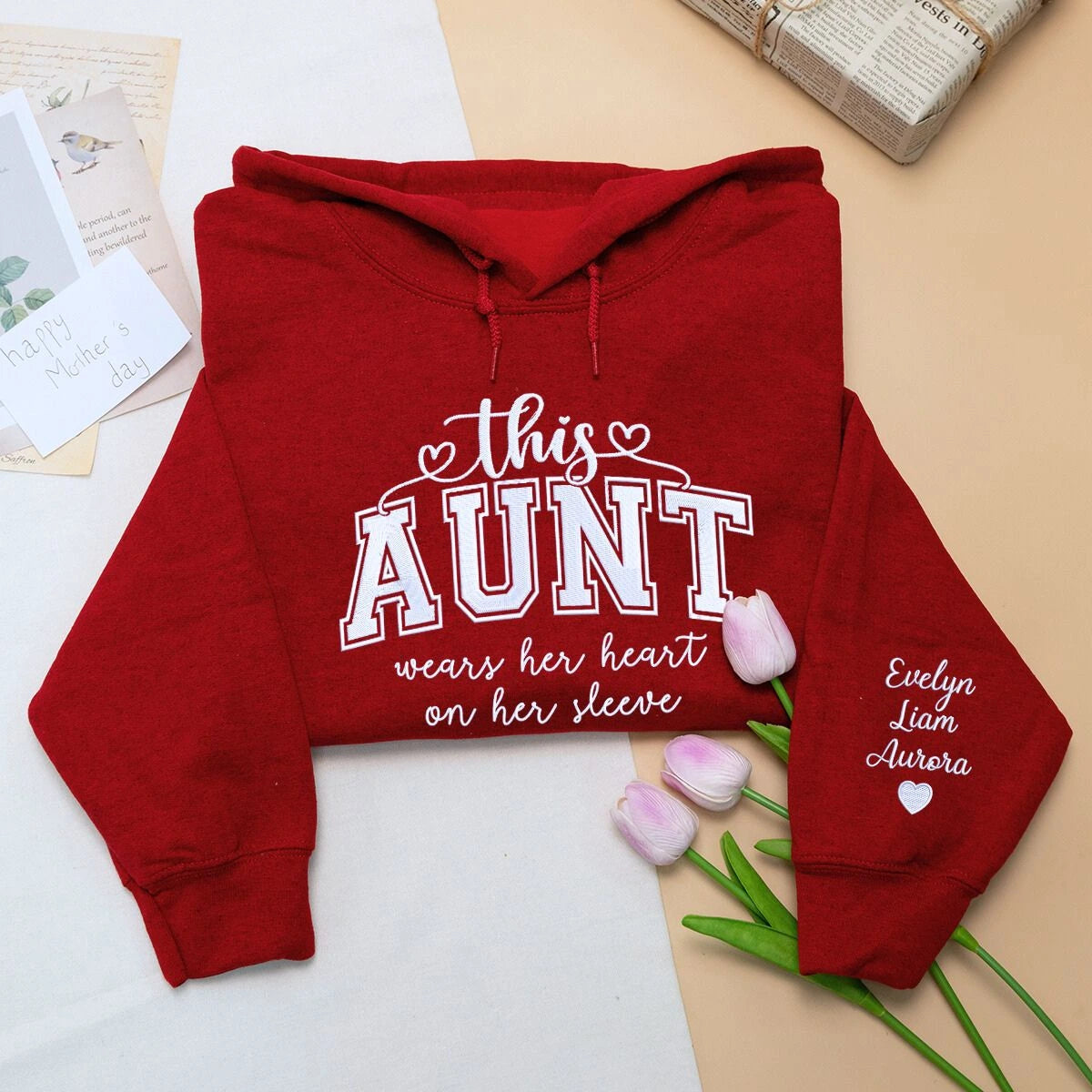 Aunt Red Sweatshirt with Nephew Niece Names on Sleeve, a meaningful and cozy gift for aunt