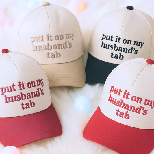 Personalized Put It On My Husband's Tab Trucker Hat, Embroidered Funny Gift for Wife
