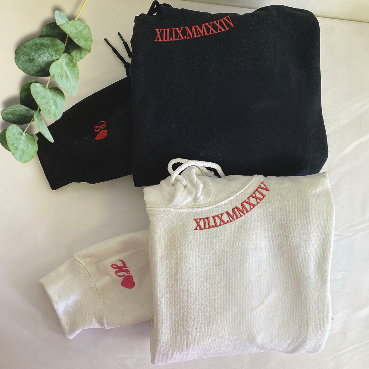 Roman Numerals on Neckline Sweatshirt or Hoodie, Custom Embroidered His And Hers Valentine's Day Gifts