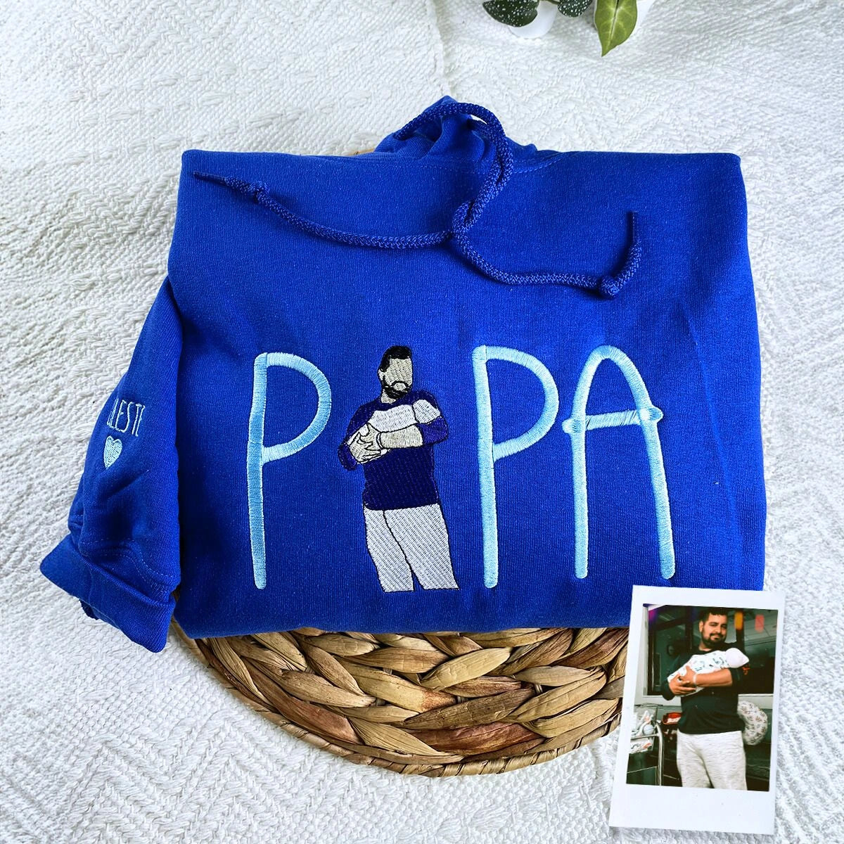 Royal Blue Dad Hoodiw with Kids name on sleeve, a meaningful and cozy gift for new dad