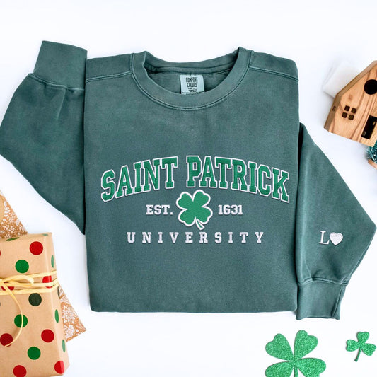 Comfort Colors Saint Patrick University T-Shirt or Sweatshirt, Custom Embroidered Gift for Irish Day