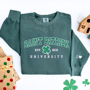 Comfort Colors Saint Patrick University T-Shirt or Sweatshirt, Custom Embroidered Gift for Irish Day