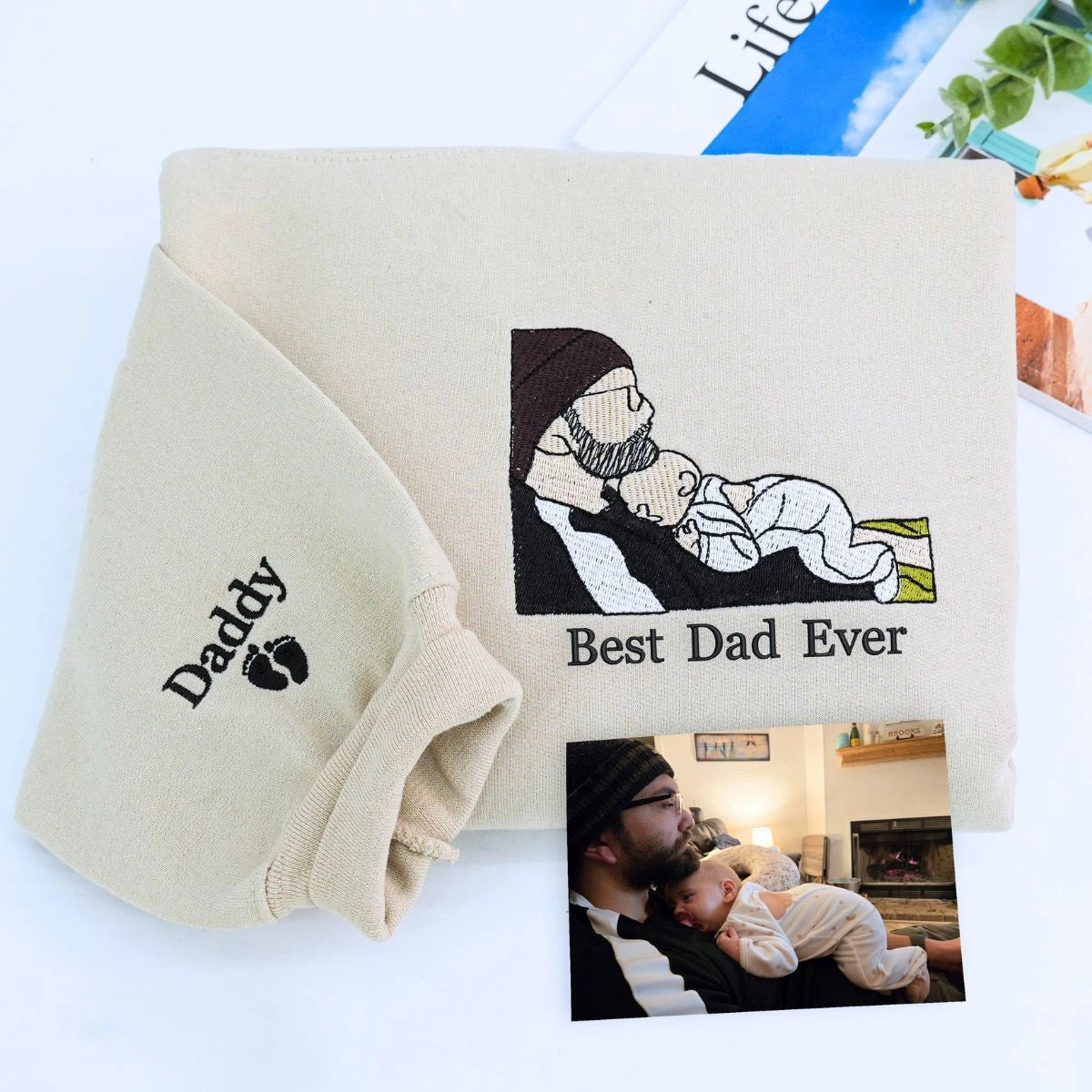 Custom Best Dad Ever Portrait Shirt, Sweatshirt or Hoodie, Personalized Embroidered Father's Day Gift for New Dad