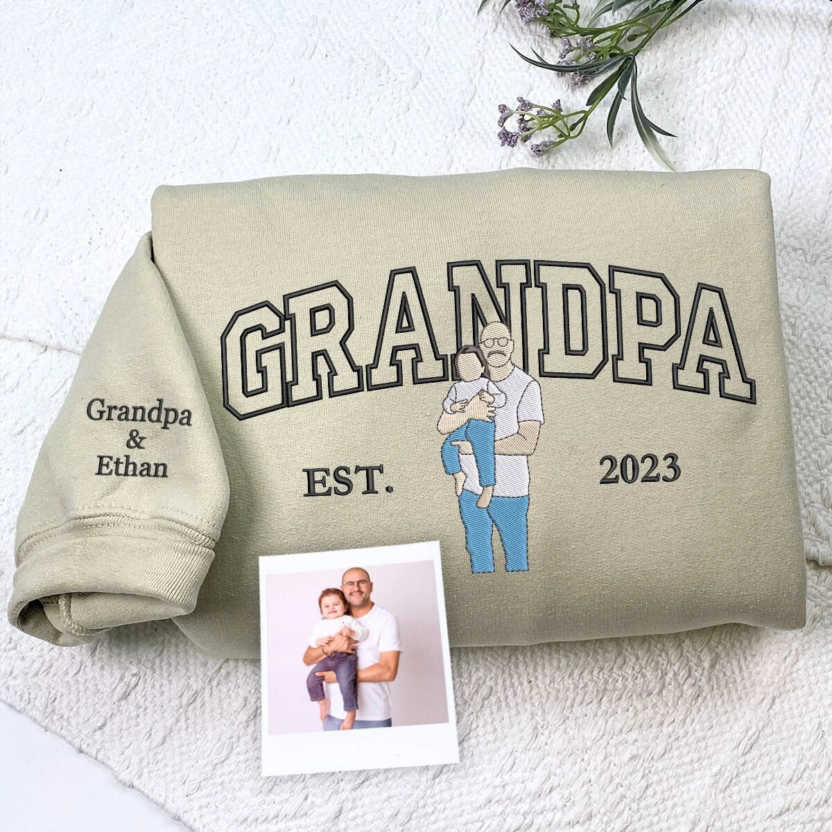 Custom Grandpa and Grandchild Photo Sweatshirt,  Embroidered Gift from Son to Father