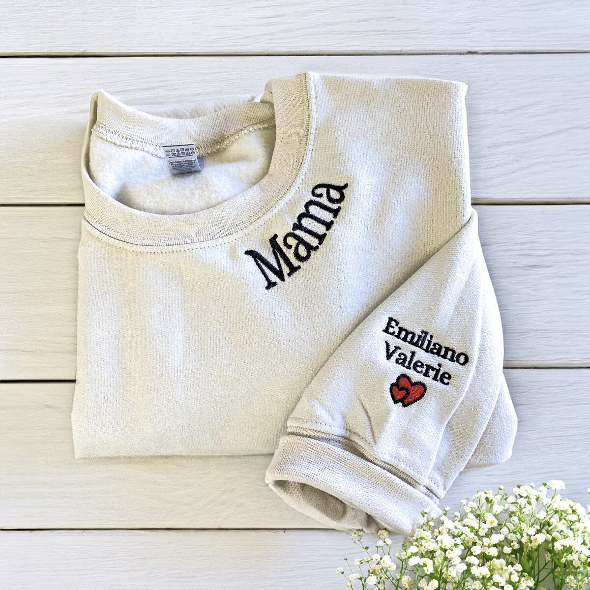Mama Sand Sweatshirt  with kids names on sleeve, a meaningful and cozy gift for mama
