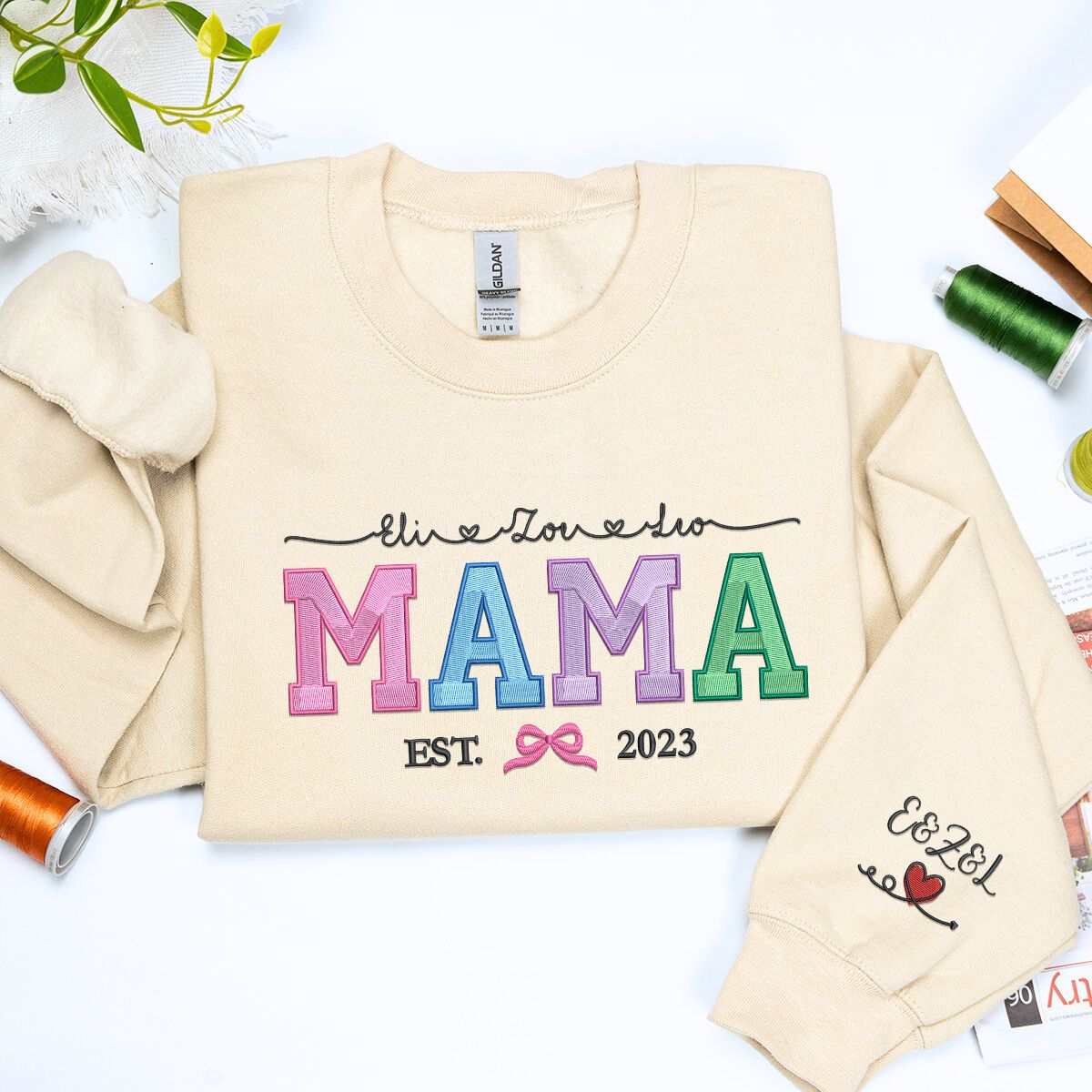 Sand Mama Sweatshirt with 'Est. 2023' embroidery and Kids Names on chest, a meaningful and cozy gift for mama